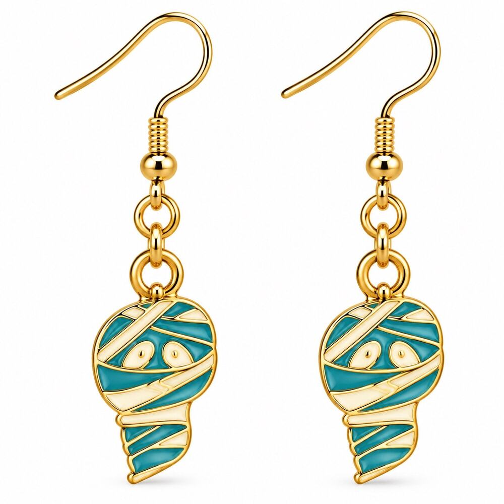 Halloween Teal Blue Mummy Gold Tone Dangle Earrings NWOT
